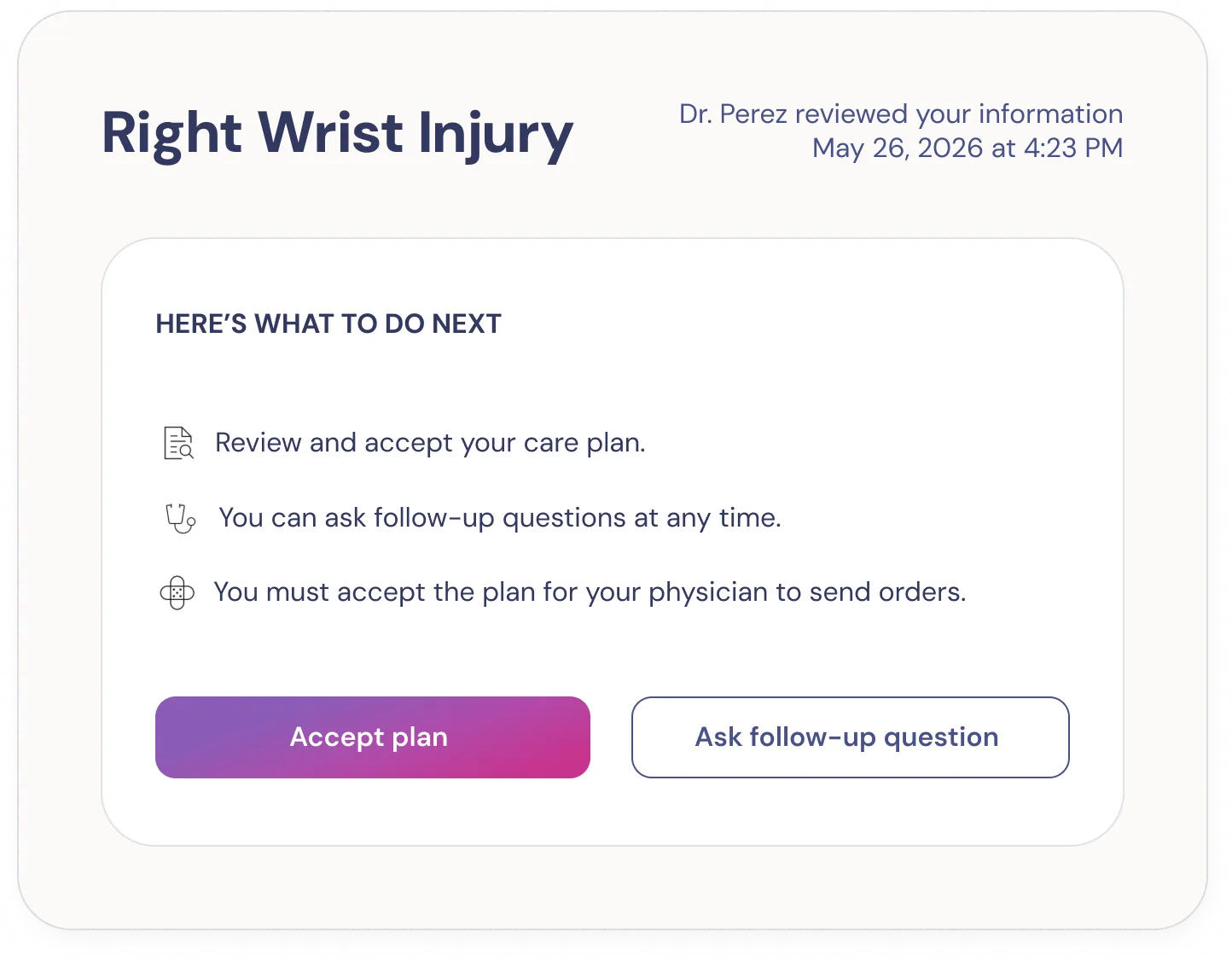 An AlivoMD care plan reviewed by the physician, with next steps and buttons to accept the plan or ask a follow-up question.